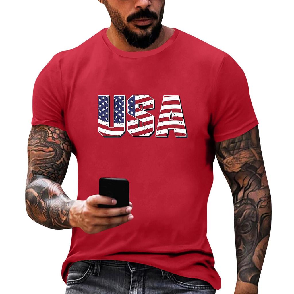 Men's Short Sleeve Loose Fit T Shirt with USA Flag Print Crew Neck Casual Summer Top for Daily Wear Holiday Events