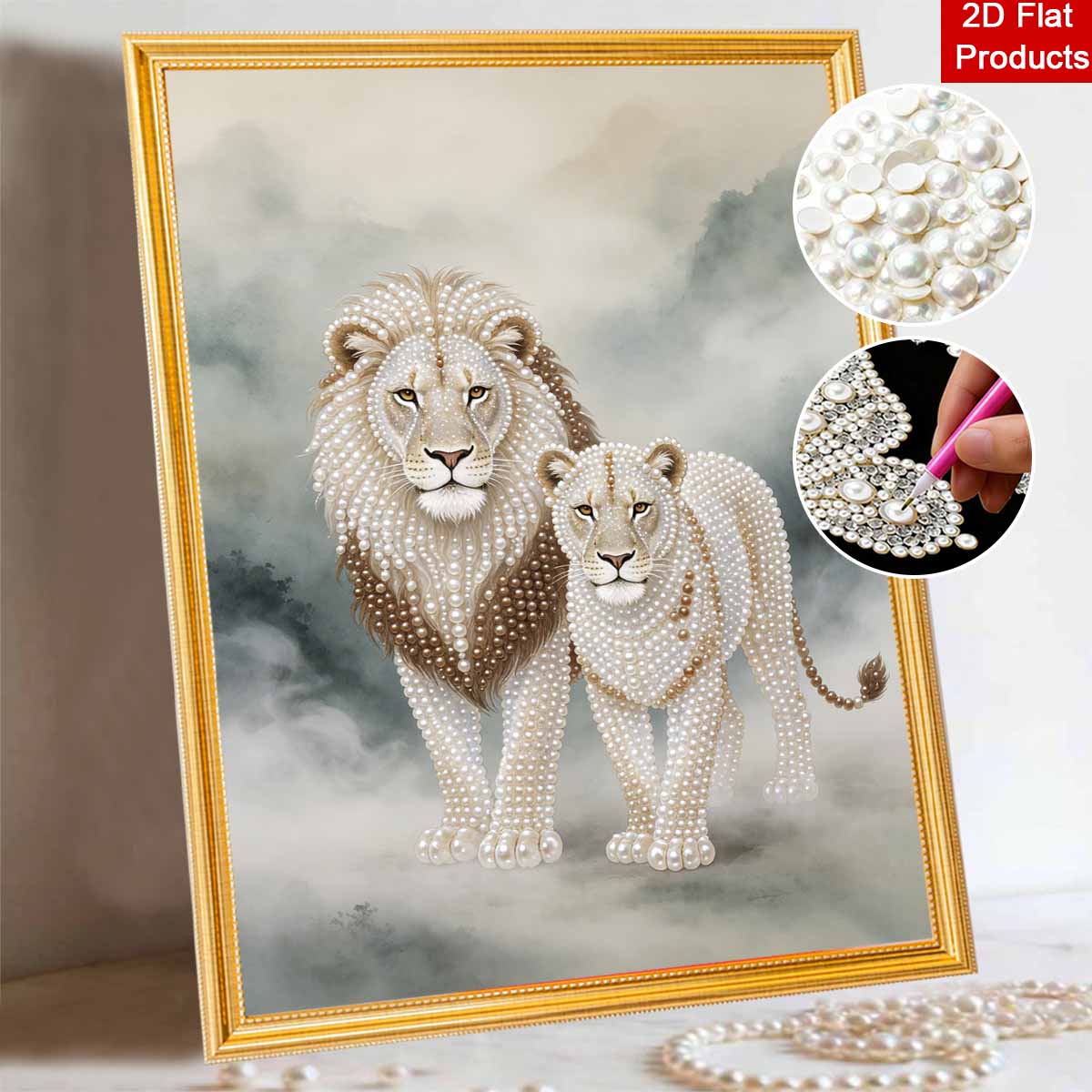 Royal Lion 5D Pearl Painting Handmade DIY Home Office Desktop Decoration Painting ThreedimensionalExquisite Pearl Lion Pair Art 30x40