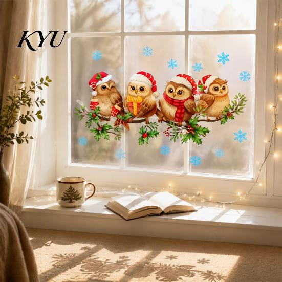 PVC Window Decorations 1/2 Sheets Christmas Cartoon Owl Cling, Standing on Branch Bird Holiday Glass Decals Static Sticker, Removable Waterproof