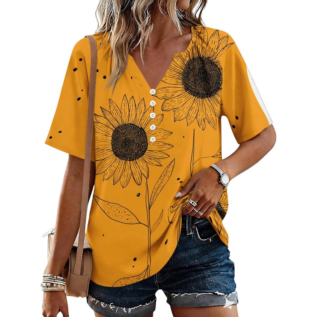 Women's Fashionable Casual Floral Print Button V-neck Short-sleeved Top