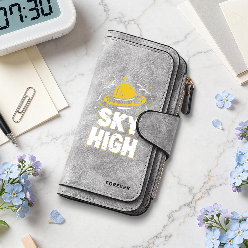 Sky High UFO Print Long Purse Multi Slot Card Holder Fashion Zipper Wallet for Daily Use