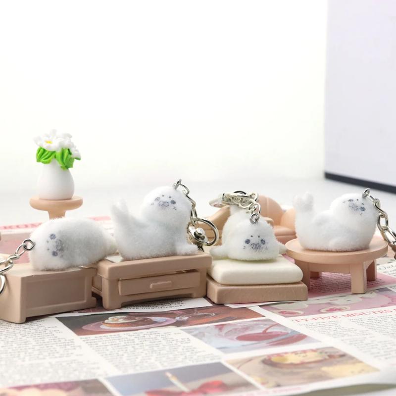 1Pcs Animal Plush Dolls Pendant Cute Flocking Resin Seal Love Keychain For Bag Mobile Phone Charms Home Decoration Crafts