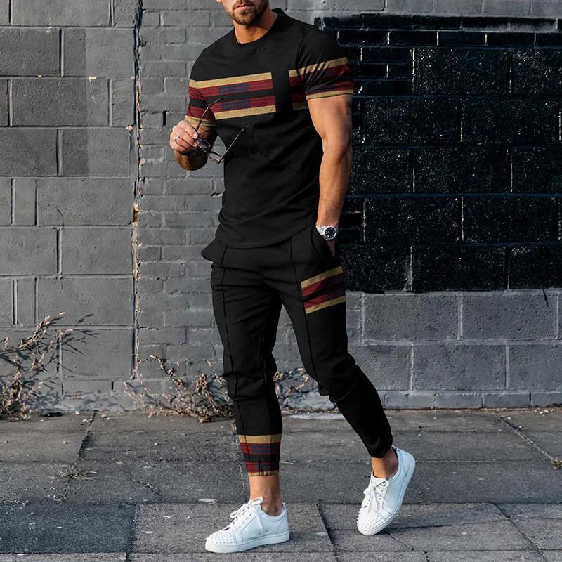 Sommer Männlichen Lose Beiläufige Druck T-shirt Elastische Taille Hosen Set Männer Kurzarm Street Style Pullover T-shirt Jogginghose Homme