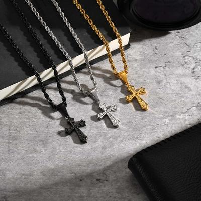 Personality Stainless Steel Cross Pendant Necklace for Men Boys, Retro Religious Faith Prayer Jewelry Gift