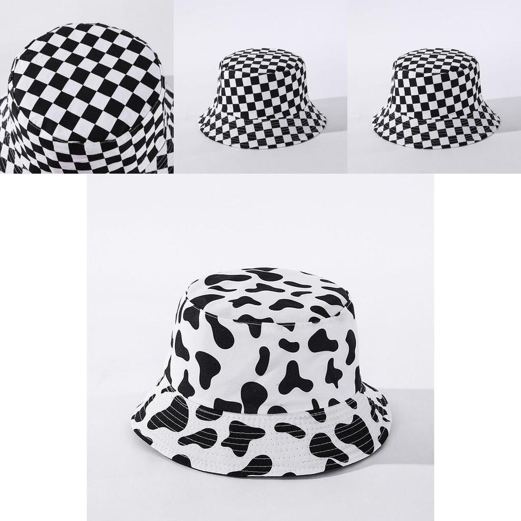 Stylish Black White Print Folding Fisherman Bucket Hat With Smiley Face Patch For Unisex Use