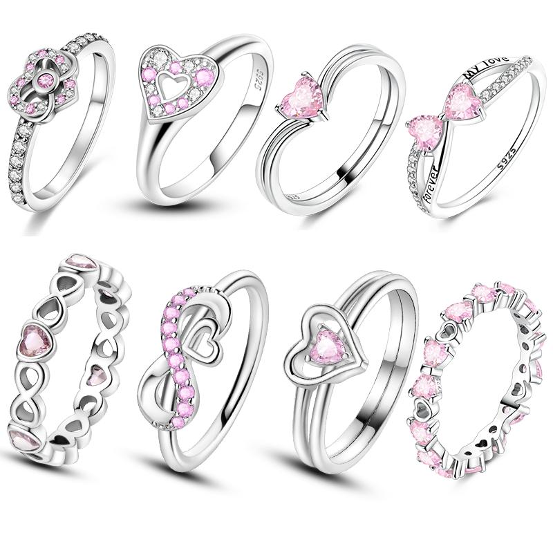 Original Damen Silberringe Funkelnder Rosa Herz Zirkonia Ring für Damen Mädchen Verlobungsschmuck Jahrestag Geschenk