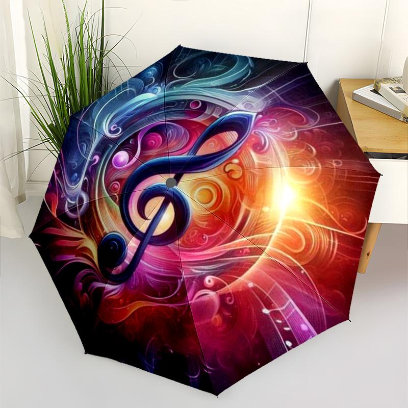Colorful Gradient Musical Note Windproof Umbrella, Psychedelic Music Art Portable Umbrella