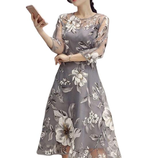 

Женщины с круглым вырезом 3/4 сетчатые рукава с цветочным принтом большие качели двухслойное платье миди L светло-серый
