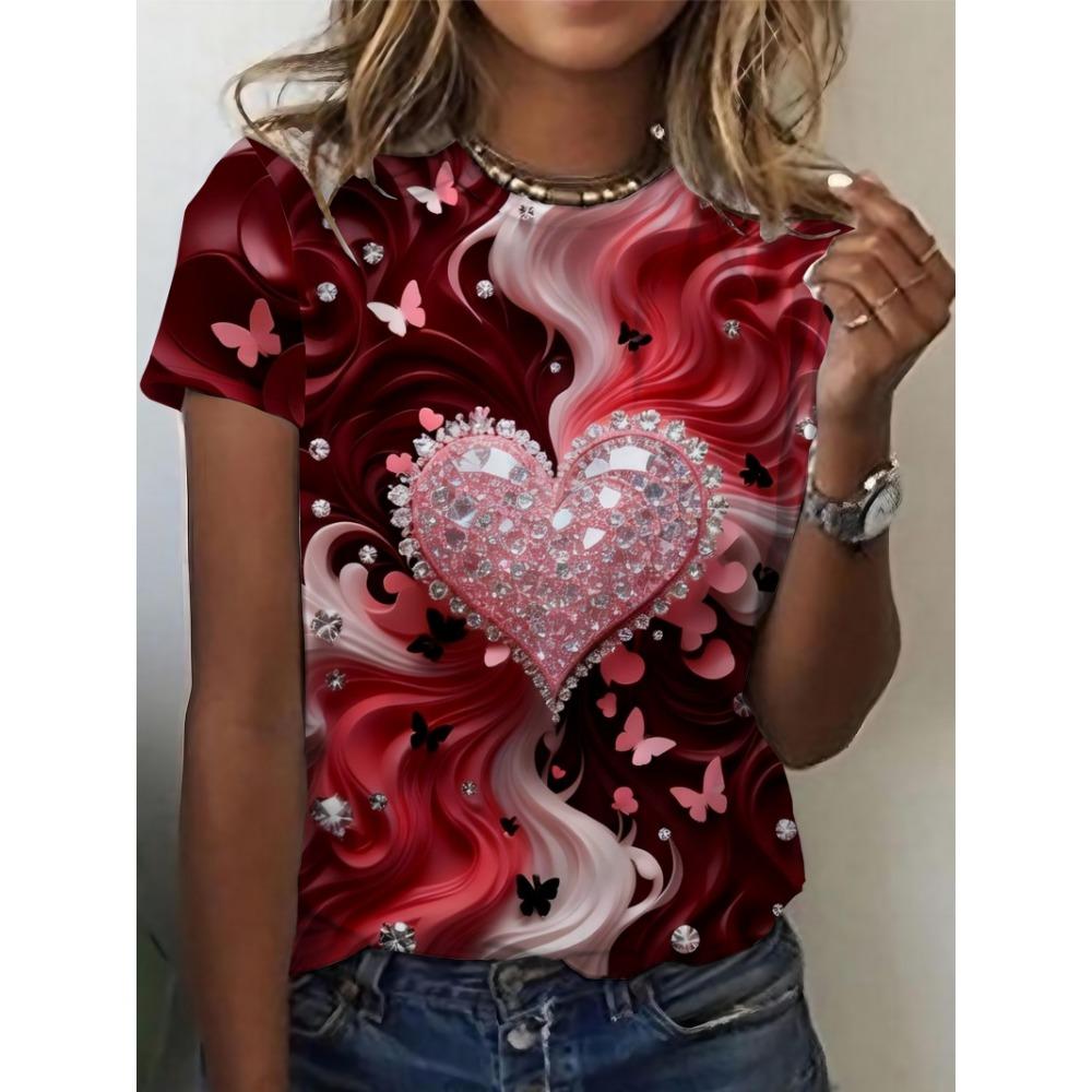 Large Size Women'S Digital Printed Short Sleeved T-shirt Crew Neck Slight Stretch Fabric, Regular Sleeve, All Seasons
