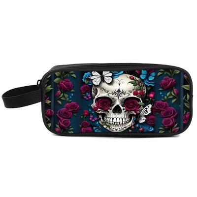 Skull Flower Print Double Layered Pencil Case with Handheld Boy/Girls Best Gift 3D Cartoon School Children