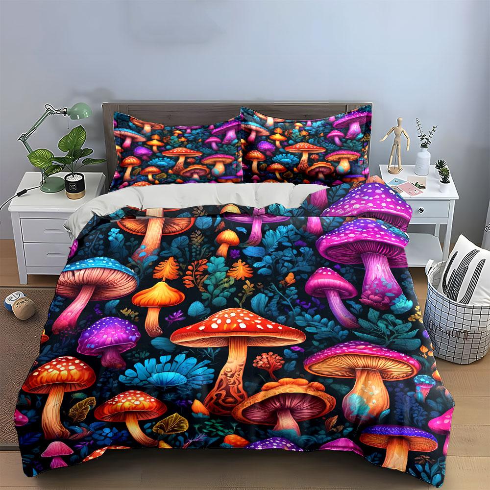 Colorful Mushroom Forest Pattern Bedding Duvet Cover Set Duvet Cover Pillowcases (1 * Duvet Cover 2 * Pillowcases, Without Duvet Insert)
