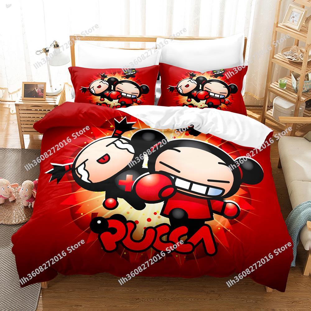 Kawaii Pucca Bedding Set Single Twin Full Queen King Size Bed Set Adult Kid Bedroom Duvetcover Sets 3D Print Anime Bed Sheet Set