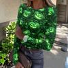 Women Casual Long Sleeve Ribbed Knit Top Crew Neck Halloween Print Slim Fit Stretchy Pullover Shirt for Fall and Winter