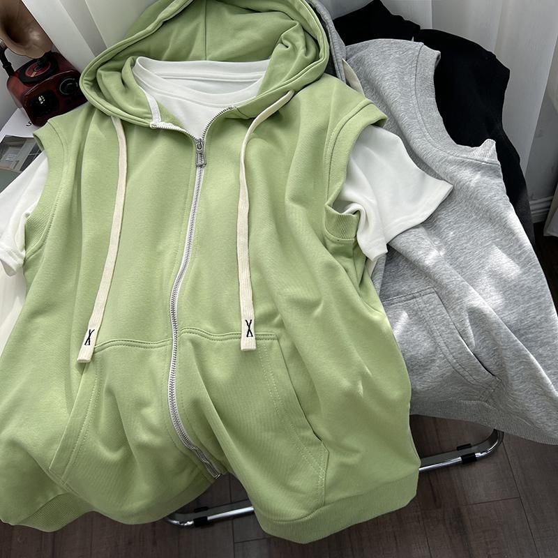 Summer Men's Leisure Sports Hooded Vest Large Size Korean Version Loose Sleeveless Zipper Cardiga Waistcoat All-match Coats