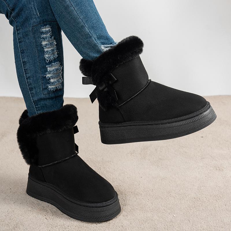 Bowtie Faux Suede Ankle Boots Women Warm Fur Thicken Plush Cotton Padded Snow Boots Thick Sole Chunky Platform Casual Shoes