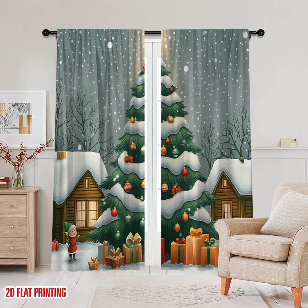 2pcs,2D Plane Printing Curtains Digital Printed Christmas Tree Snow Gifts_b Versatile Polyester Fabric (without Rod) All Seasons