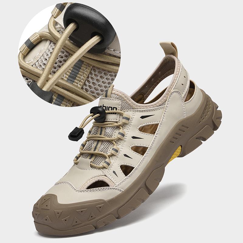 Summer Men's Sandals Hollow Leather Beach Sandals Toe Cap Outdoor Sports Shoes Handmade Mesh Shoes