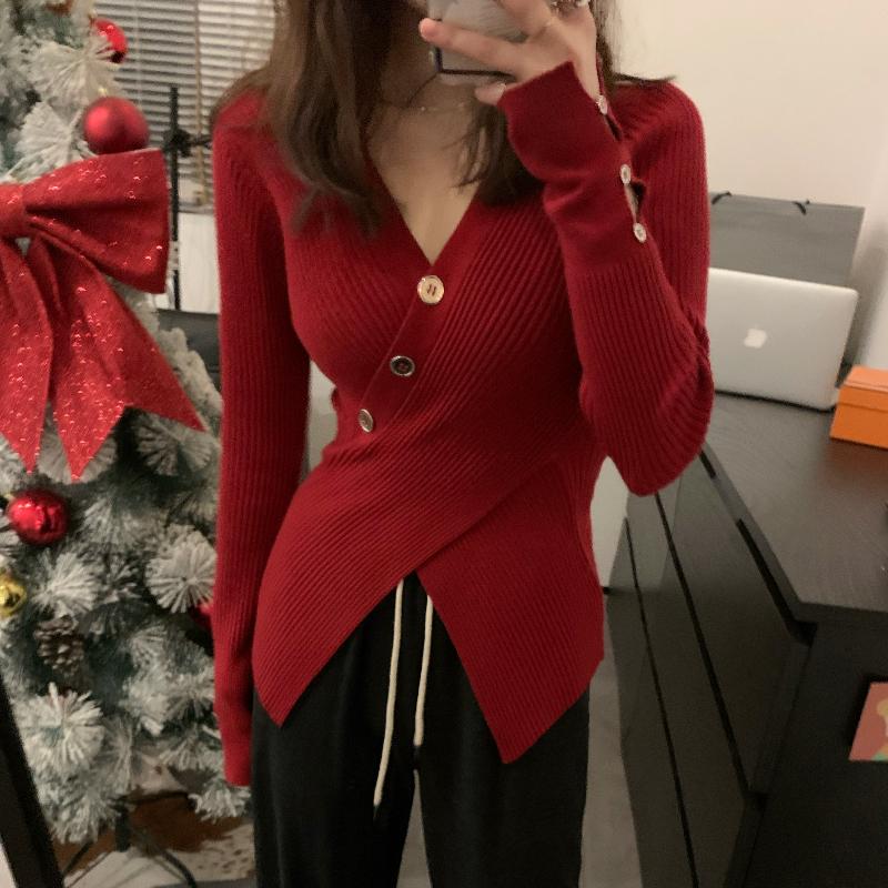 Autumn Long Sleeve Casual V-neck Pullovers Sweaters Women Chic Cross Slim Fit Women's Knitted Sweater Tops Elegant Solid Fashion Winter Jumpers 25667
