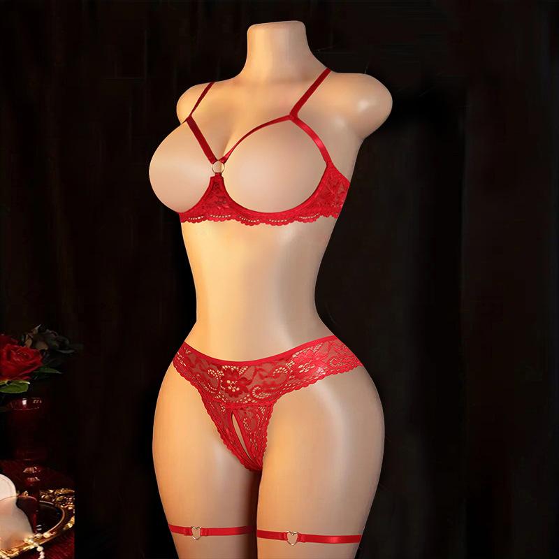 Sexy Women's Bra Panties Lace Set with Leg Rings Neck Rings Sex Underwear