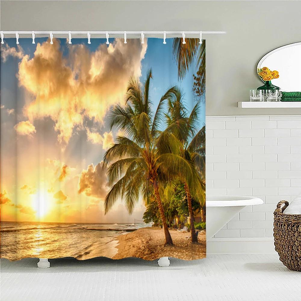 Wysokiej Jakości Tkanina z Nadrukiem Słonecznego Brzegu Zasłony Prysznicowe Morskie Krajobrazy Parawan Kąpielowy Wodoodporne Produkty Wystrój Łazienki z 12 Haczykami