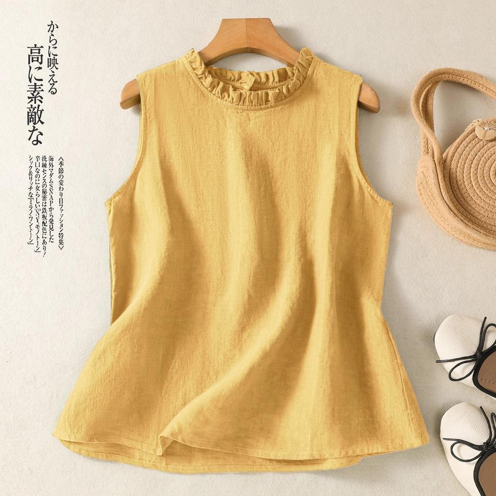 Retro Cotton and Linen Vest Tops for Women's Sleeveless Summer Style Fungus Collar Base Shirt