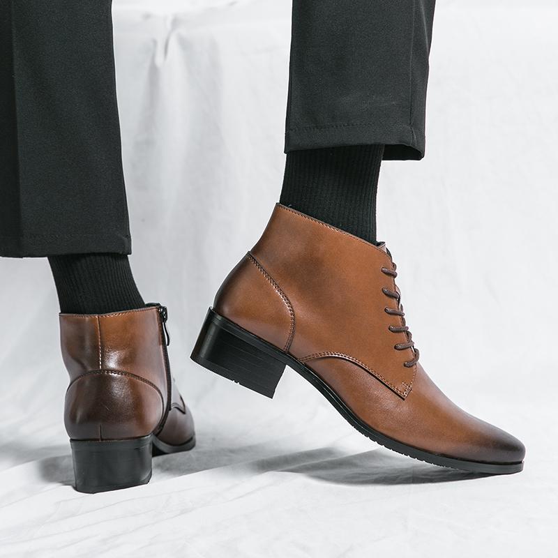 Móda Nové Pánské Vysoké Podpatky Kotníkové Boty Pravá Kůže Pánské Ležérní Boty se Špičatou Špičkou Boční Zip Pánské Boty Špičatá Špička Pánská Obuv