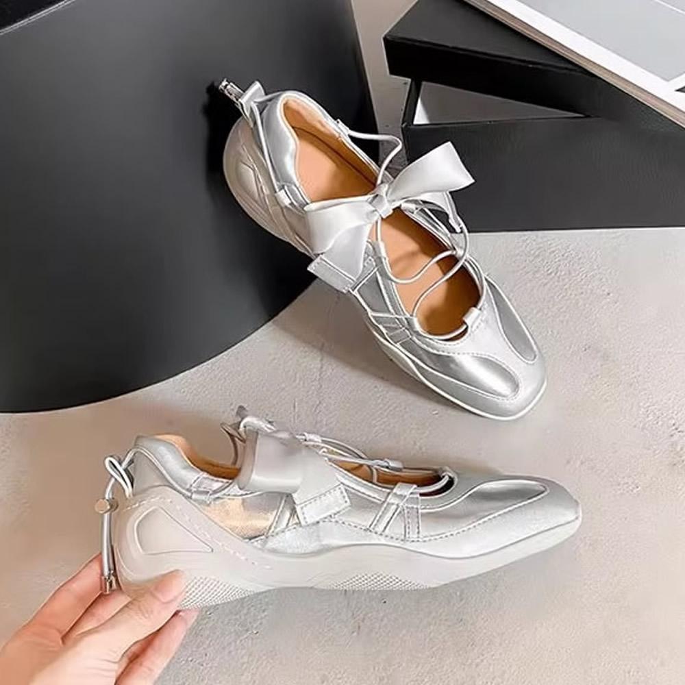 

Балетки-кроссовки женские на толстой подошве с бантом и перфорацией, дизайнерские туфли Мэри Джейн, удобные балетки для женщин 40 серебряный