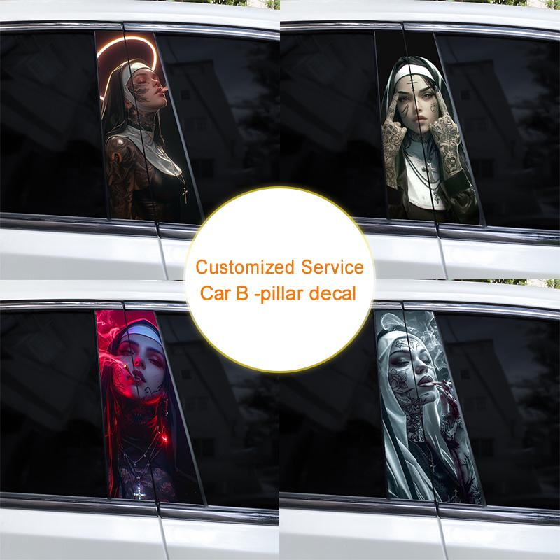 2pcs Nun Sisters Car Decal Car B-Pillar Sticker Smoking Nun Styling Car Decal Diy Car Door Post Vinyl Decal Cool Nun Decal