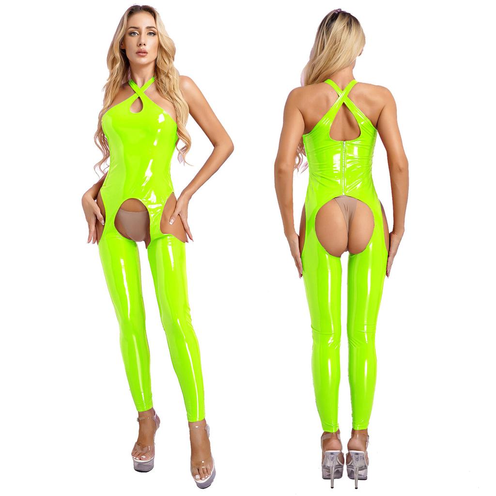 Womens Patent Leather Jumpsuit Sleeveless Hollowing Out One Piece Outfits Bodycon Party Club Rompers