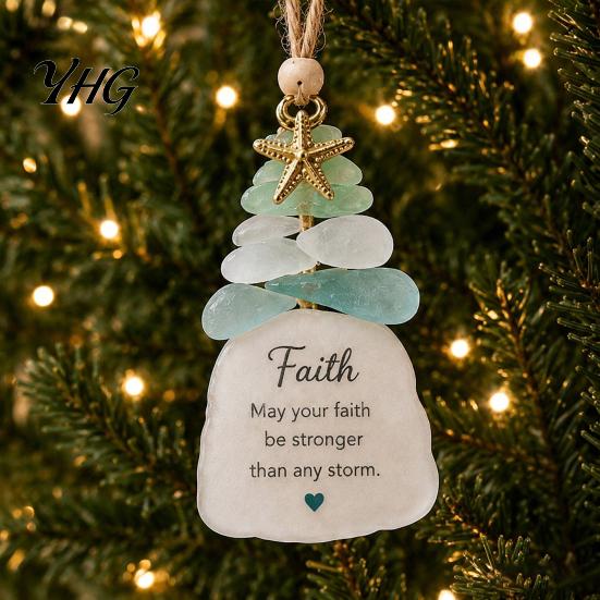 Lightweight Christmas Decorations Sea Glass Tree Ornament, Seaglass Art Hanging Decor with Starfish Charm, Holiday Keepsake Decoration Peace Love Joy