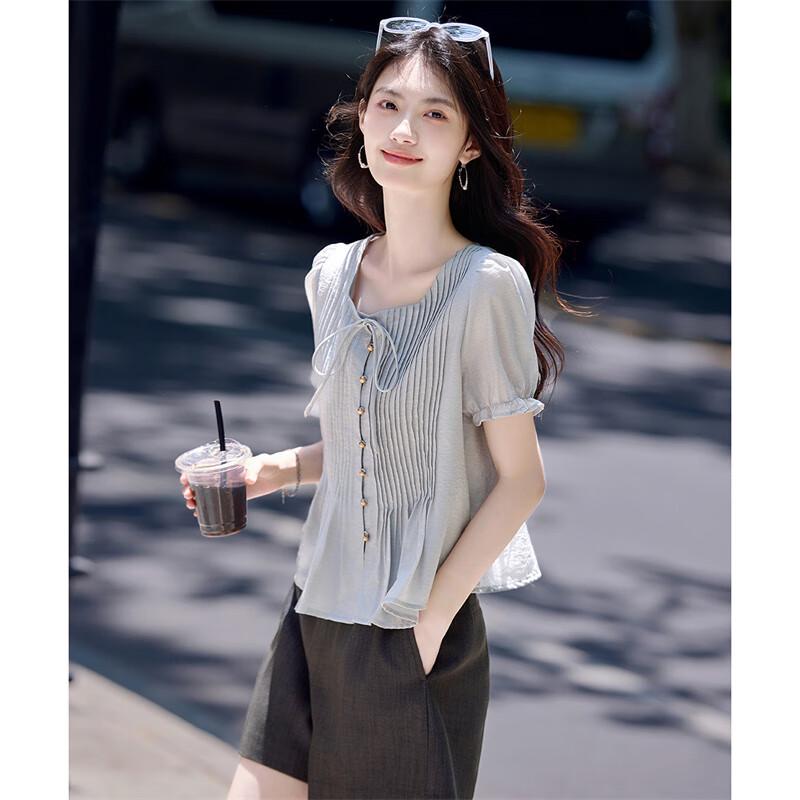 Shangjing Women s Aurora Pleated Puff Sleeve Short-Sleeve Shirt L