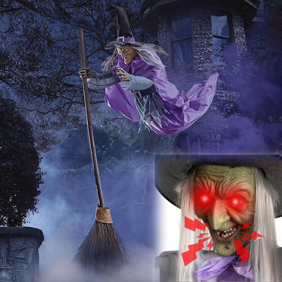 6 FT Halloweenská létající čarodějnice dekorace Hlasem aktivovaná animatronická čarodějnice na koštěti se svítícíma očima pro zahradu dvůr trávník venkovní vnitřní dekorace