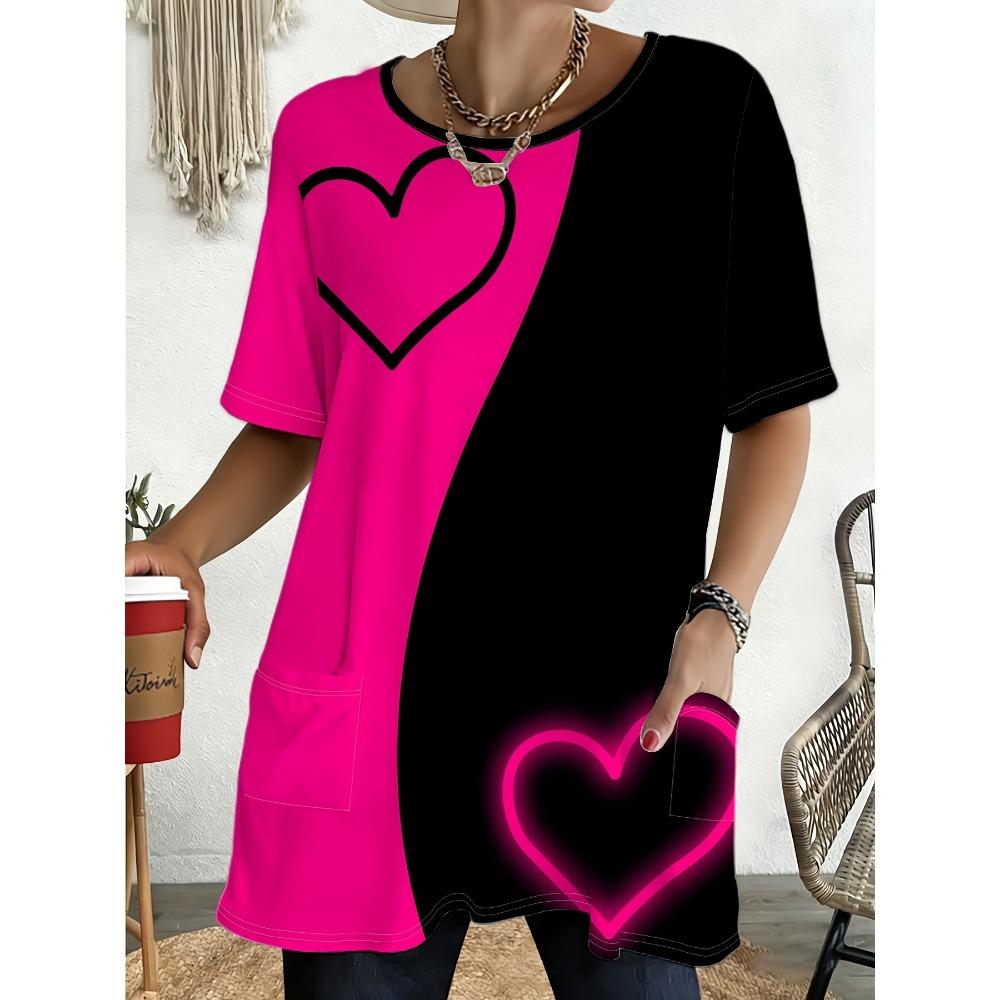 Women's Heart Print Short Sleeve Top Round Neck Loose Fit Blouse Tee Suitable for Summer Casual Top