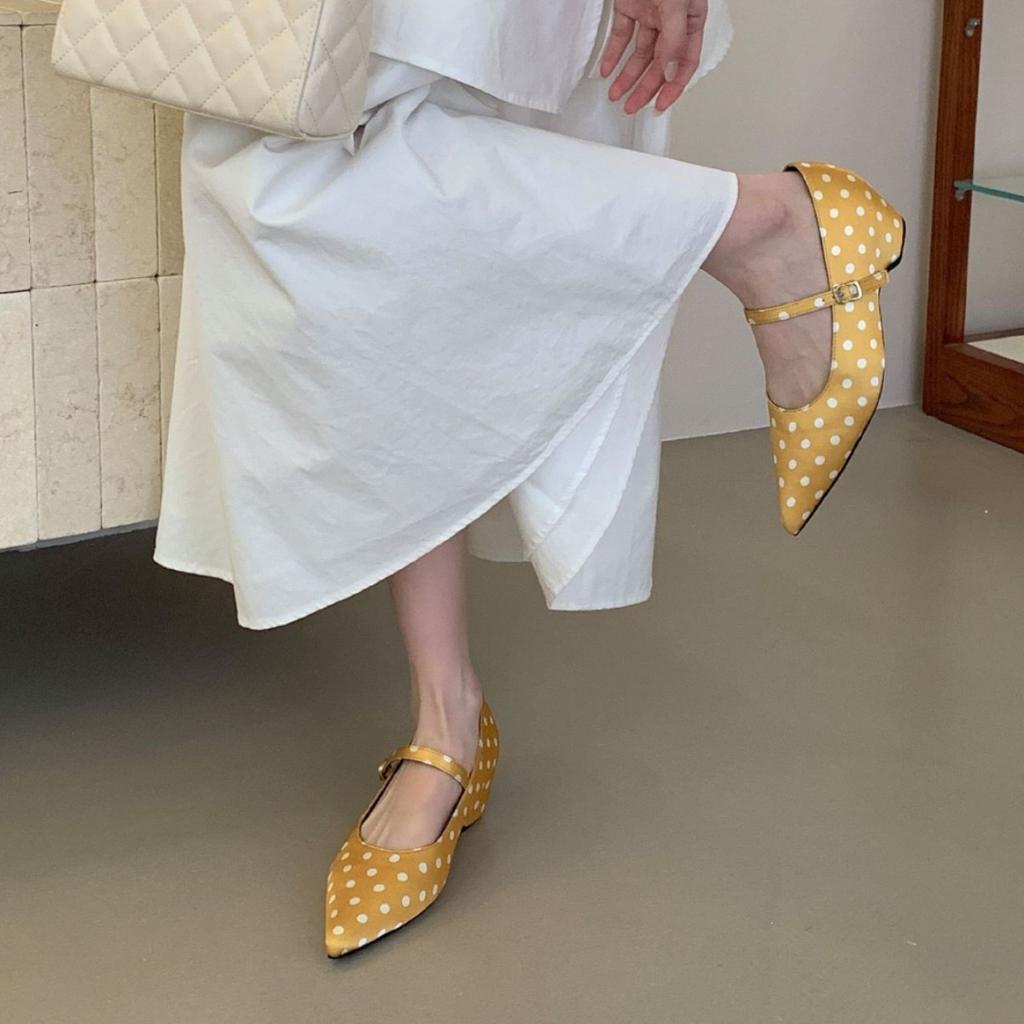 Spring French Polka Dot Pointed Head Word With High Heels Single Shoes Shallow Mouth Mary Jane Shoes Temperament Women'S Shoes