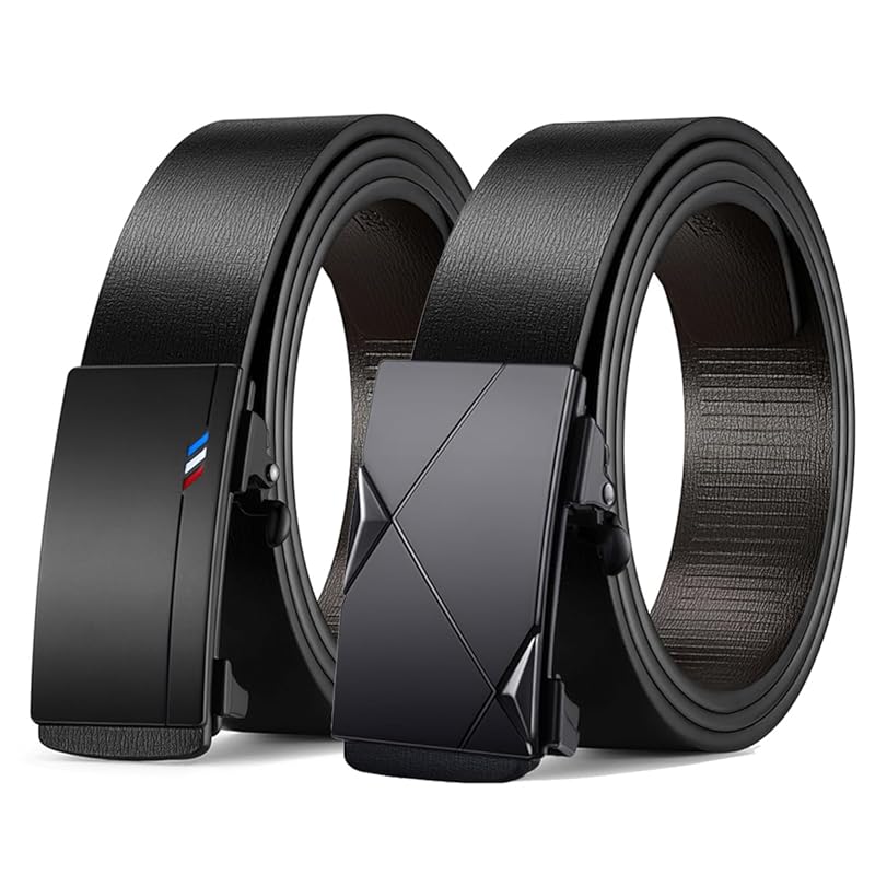 

[ZHUYING] belt men s genuine leather No hole Stepless Auto lock type Casual with gift box business size adjustable men s belt (Two tricolor horns,