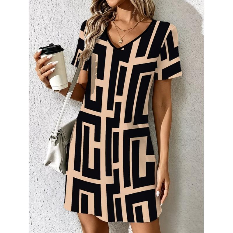 Ladies Summer V-Neck Short Sleeve Casual Dress Fashion Colorful Geometric Print Dress Elegant Women's Clothing