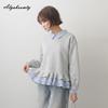Korean Fashion Autumn Winter Women Casual Pullover Turn-Down Collar Patchwork Contrast Color Striped Sweatshirt Layered Ruffles Ladies' Hoodies