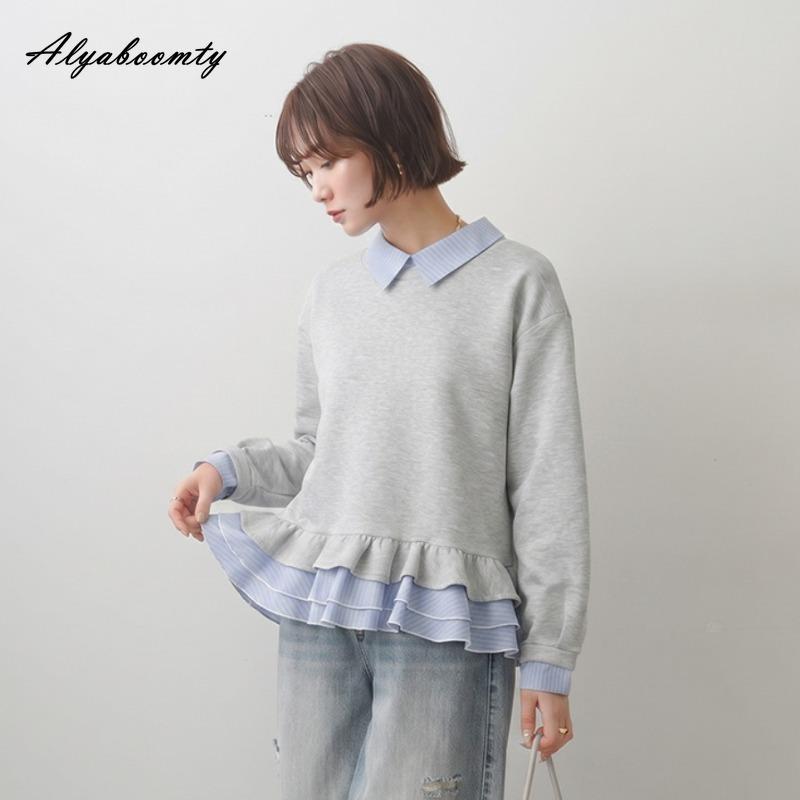 Korean Fashion Autumn Winter Women Casual Pullover Turn-Down Collar Patchwork Contrast Color Striped Sweatshirt Layered Ruffles Ladies' Hoodies