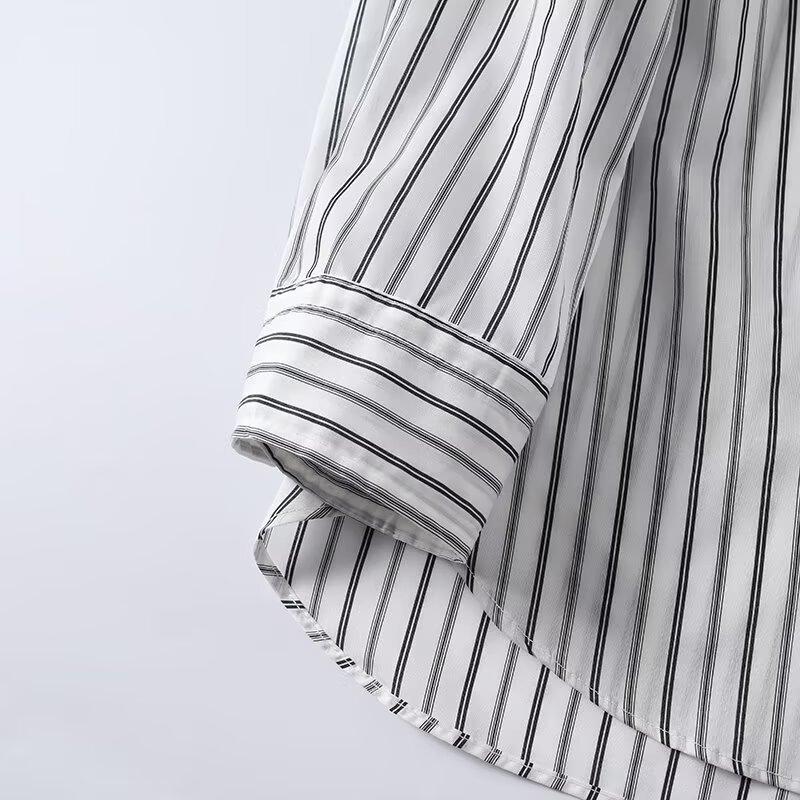 European and American style, new women's clothing, foreign style, high intelligence, light and familiar commuter style, stand-up collar striped shirt