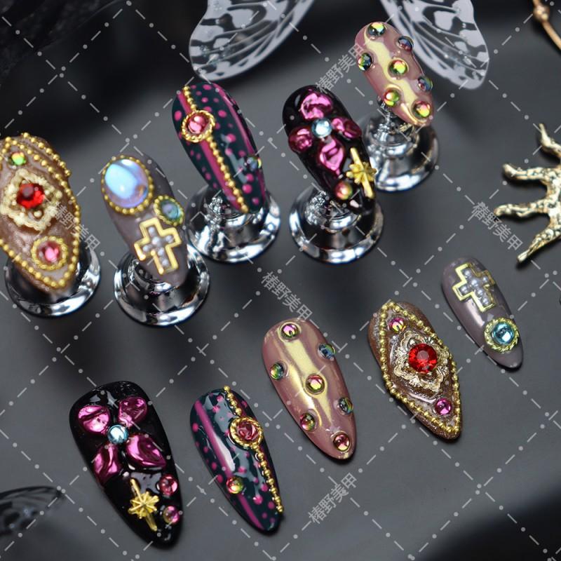 Gothic Press-On Nails With Cross Gemstone Relief Design Acrylic False Women Almond Shape Reusable Nail Tips