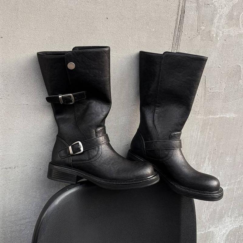 Autumn and winter women's leather boots leather large size medium heel thick bottom non-slip versatile high boots sleeve cowhide knight boots women