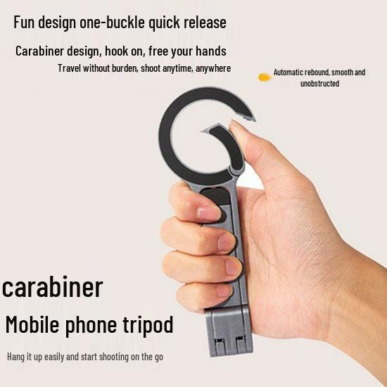 Aluminum Alloy Foldable Phone Tripod & Magnetic Carabiner Holder Black Tripod Desktop