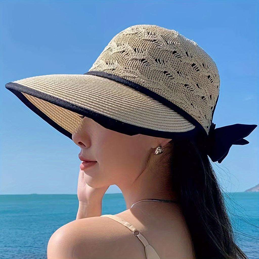 Women's Wide Brim Straw Sun Hat with Bowknot - Breathable Hollow Out Design, Foldable Summer Beach Hat