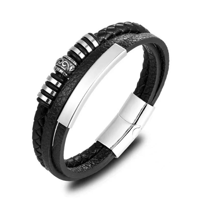 Mens Geometric Stainless Steel Pendant Leather Braided Bracelet Adjustable Wristband Cycling Outdoor Adventure