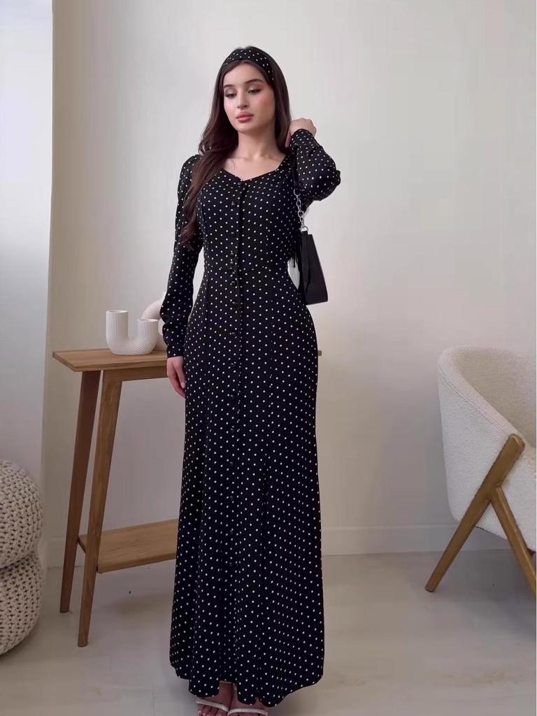 2025 Autumn Long Sleeve Square Neck Polka Dot Slimming Dress