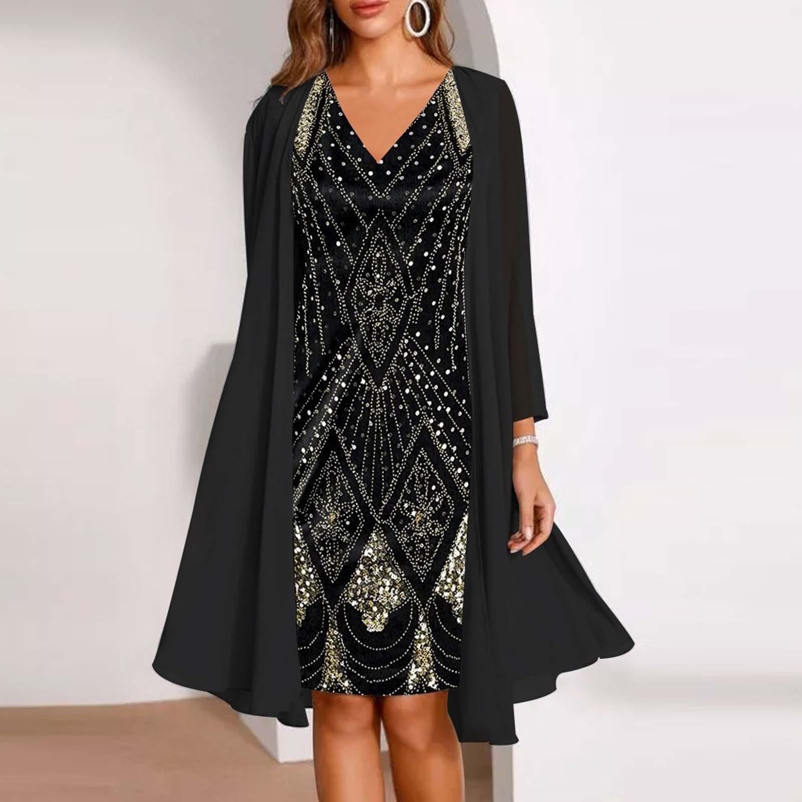 

Жіноча модна елегантна шифонова сукня з V-подібним вирізом без рукавів і принтом із двох частин L чорний