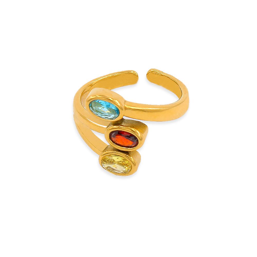 European  American Fashion Retro 18K Gold Open Ring with Multi-layer Oval Zircon Design for Women Size 6