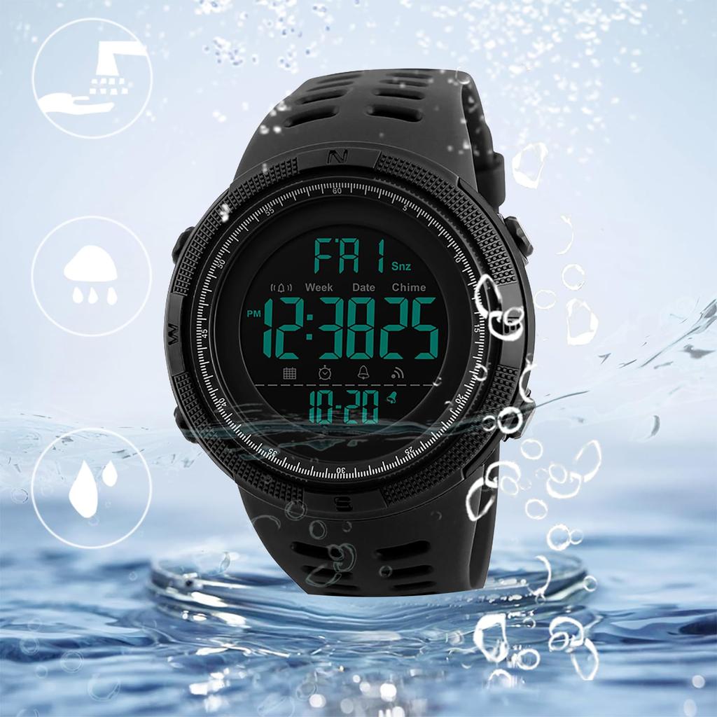 Men's Silicone Watch, 5ATM Water Resistant, Date Display, Day Display, Digital Display, Multi-Function, LED Display, Stainless Steel, Popular,