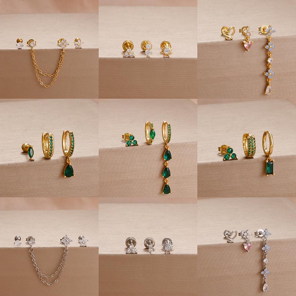 3PCS Simple Fashion Blue Flower Drop Earrings Set For Women Girl 18K Gold-Plated Zirconia Star Sun Stud Earring Piercing Jewelry