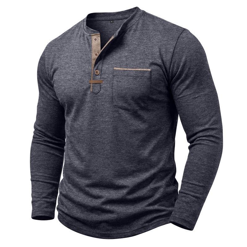 Autumn Winter Mens Henley Long Sleeve T-Shirt Contrast Collar Placket 3 Buttons Chest Pocket Soft Casual Daily Tops